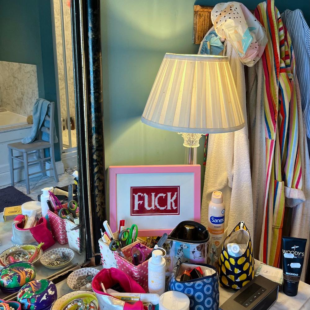 'FUCK' pink framed tapestry